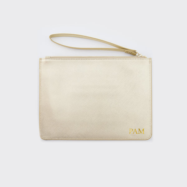 Metallic Champagne Saffiano Leather Pouch with wrist strap