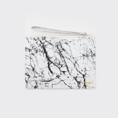 White Smooth Marble Leather Pouch with wrist strap