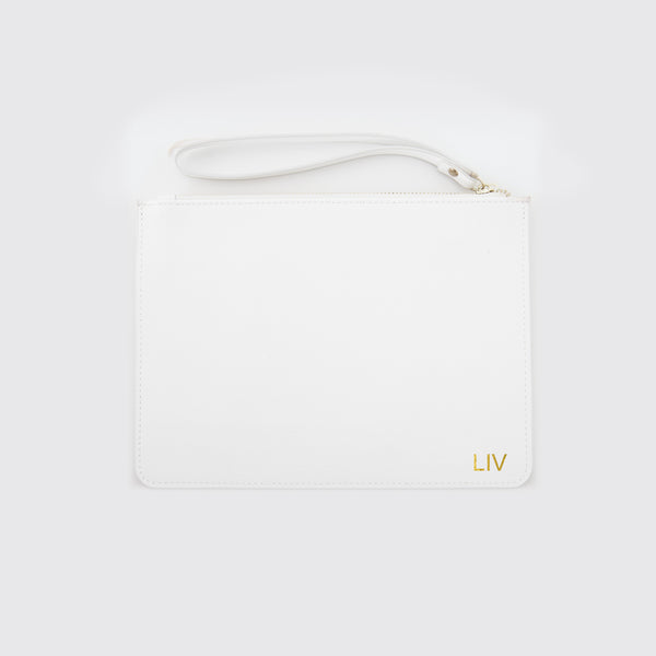 White Saffiano Leather Pouch with wrist strap