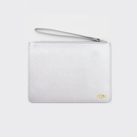 Metallic Silver Saffiano Leather Pouch with wrist strap