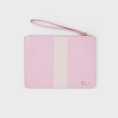 Peony Pink & Nude Striped Saffiano Leather Pouch with wrist strap