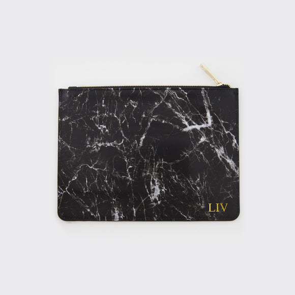 Black Smooth Marble Leather Pouch