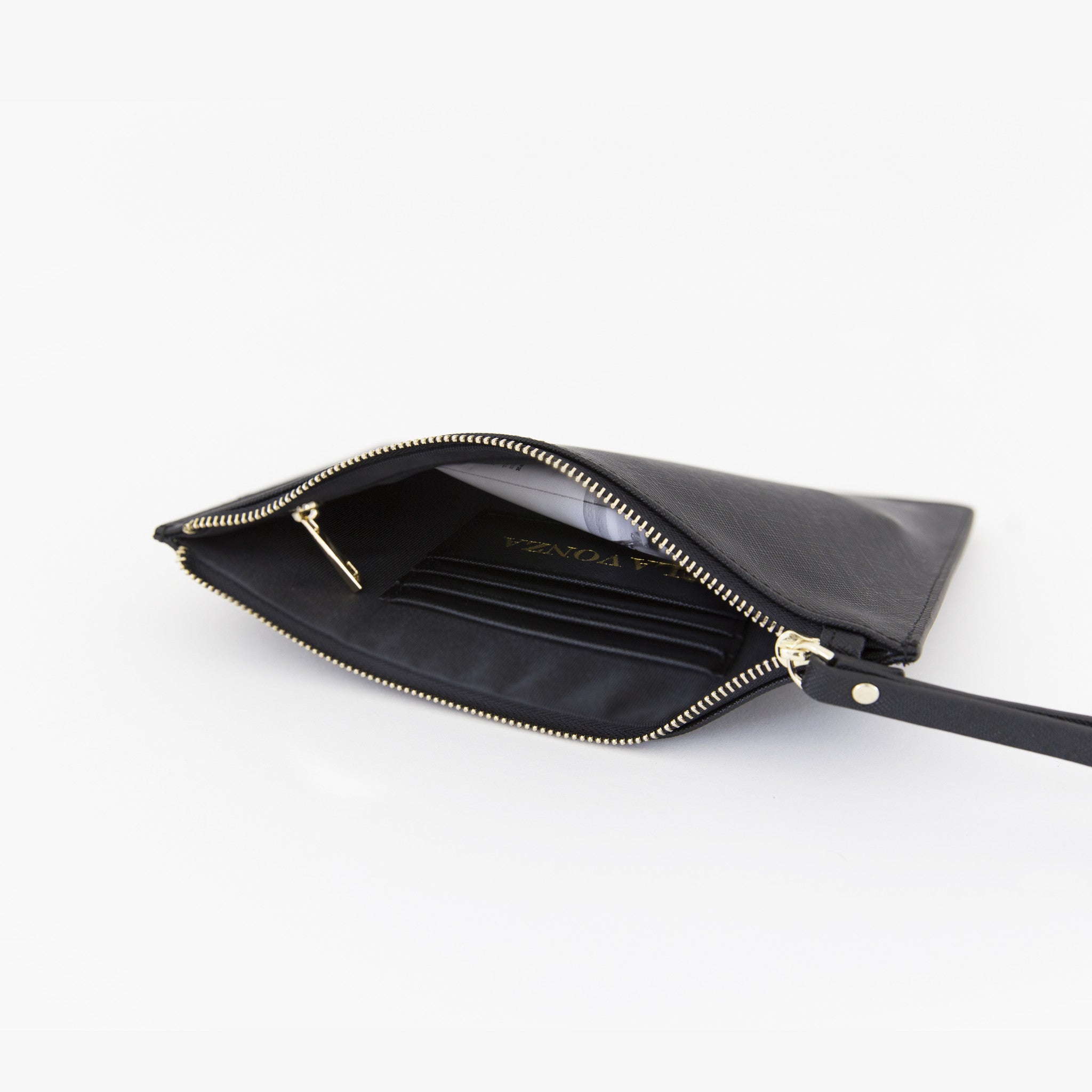 Mini Structured Pouch with Wrist Strap Black Saffiano Leather