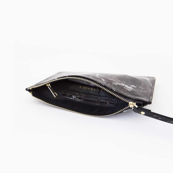 Black Smooth Marble Leather Pouch with wrist strap
