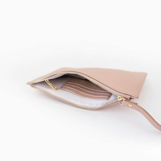Taupe Blush Saffiano Leather Pouch with wrist strap