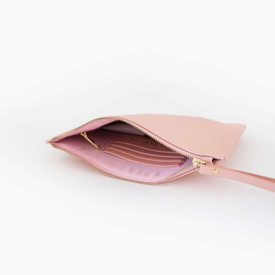 Blush Pink Saffiano Leather Pouch with wrist strap