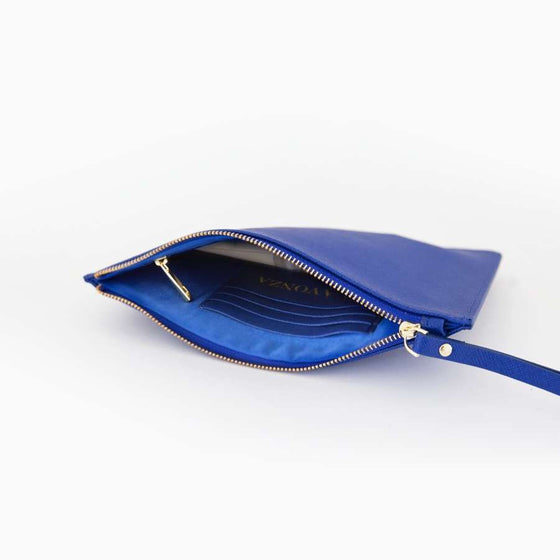 Navy Saffiano Leather Pouch with wrist strap