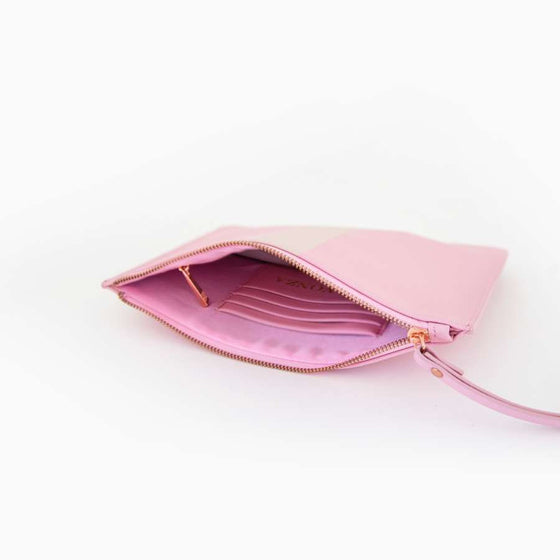 Peony Pink & Nude Striped Saffiano Leather Pouch with wrist strap
