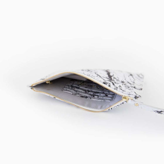 White Smooth Marble Leather Pouch with wrist strap
