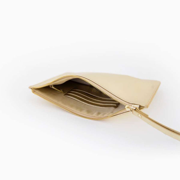 Metallic Champagne Saffiano Leather Pouch with wrist strap