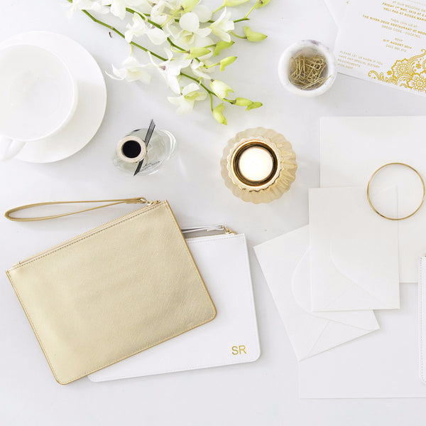 Metallic Champagne Saffiano Leather Pouch with wrist strap