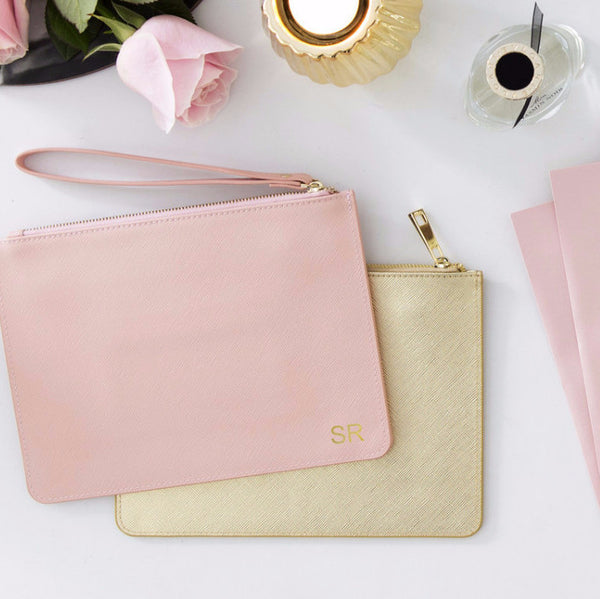 Blush Pink Saffiano Leather Pouch with wrist strap